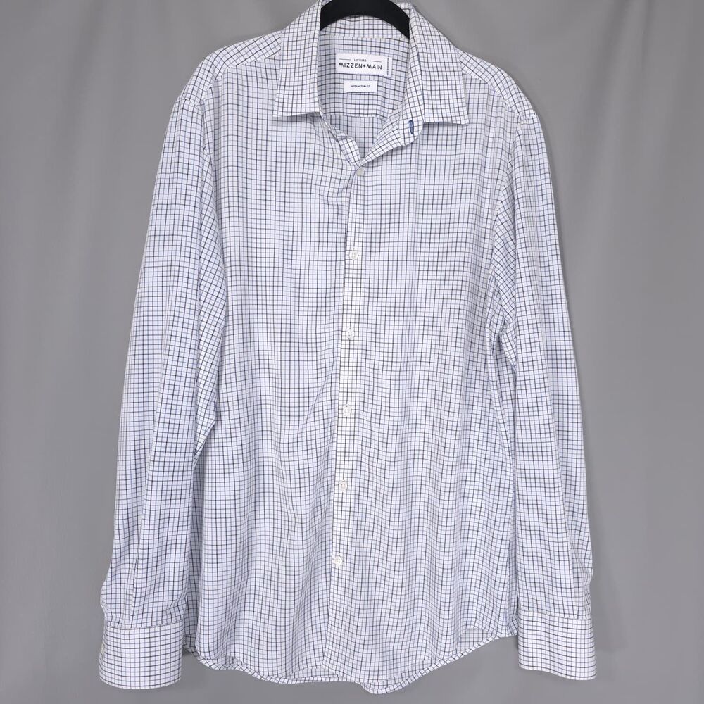MIZZEN + MAIN Leeward Mens Dress Shirt Check MEDIUM Trim Fit Blue L-10009